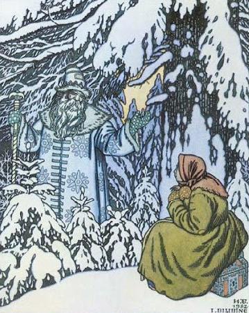 Ivan Bilibin Father Frost and the step-daughter, illustration by Ivan Bilibin from Russian fairy tale Morozko, 1932 oil painting picture